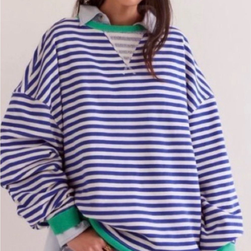 Free people Striped Blue and White Sweater with Green Accents